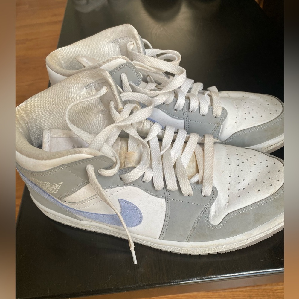 Nike Air Jordan 1 Low in White, Light Gray, blue Swoosh